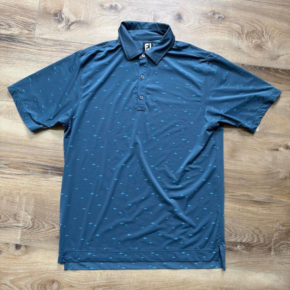 FootJoy FJ Golf Polo Shirt Men's M Teal Blue Fish Print Short Sleeve Performance